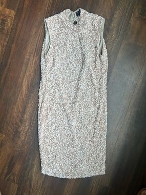 Parker Black Textured Sequin Blush Midi Dress with High Neck